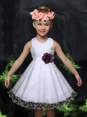 Fashionable A-Line Scoop Flower Girl Dress with Hand Made Flowers in White for 2014