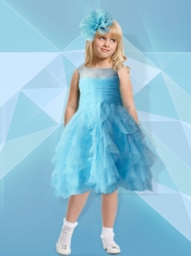 Formal A-Line Scoop Tea-length Flower Girl Dress with Ruffles in Light Blue for 2014