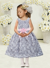 Formal Scoop Tea-length Grey Flower Girl Dress in Grey