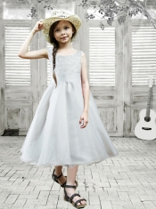 Gray Scoop Princess Tea-length Flower Girl Dresses