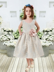 Natural Scoop Sleeveless Tea-length Flower Girl Dress with Zipper-up