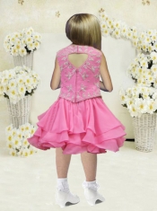 Nice V-neck Beading Knee-length Flower Girl Dress in Rose Pink