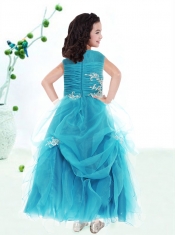 Popular A-Line Scoop Appliques Flower Girl Dress in Blue for 2014