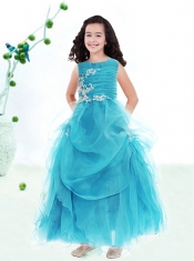 Popular A-Line Scoop Appliques Flower Girl Dress in Blue for 2014