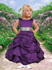 Purple Scoop Ankle-length Bowknot Flower Girl Dress with Pick-ups
