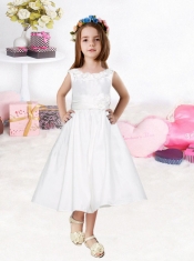 Romantic White Scoop Tea-length Hand Made Flowers Flower Girl Dresses