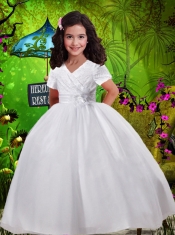 Simple Ball Gown V-neck Ruching Flower Girl Dress with Short Sleeves