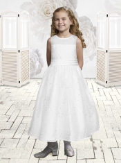 Smart White Scoop Ankle-length Flower Girl Dress with Embroidery