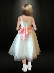 Sweet A-Line Spaghetti Straps Flower Girl Dress with Hand Made Flowers in White for 2014