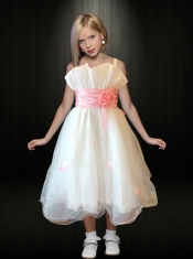 Sweet A-Line Spaghetti Straps Flower Girl Dress with Hand Made Flowers in White for 2014