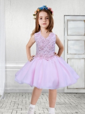 The Super Hot V-neck Knee-length Flower Girl Dress with Beading and Appliques