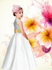 White A-Line Scoop Floor-length Flower Girl Dress with Belt