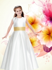 White A-Line Scoop Floor-length Flower Girl Dress with Belt