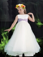 White A-Line Scoop Tea-length 2014 Flower Girl Dress with Belt