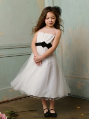 White A-Line Sleeveless Organza Tea-length  Flower Girl Dress For 2014