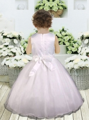 White Ball Gown Scoop Flower Girl Dress with Appliques Bowknot for 2014