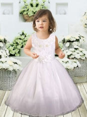 White Ball Gown Scoop Flower Girl Dress with Appliques Bowknot for 2014
