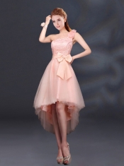 2015 Bowknot High Low Lace Up Dama Dress with One Shoulder