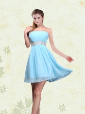2015 Ruching Chiffon Aqua Blue Dama Dresses with Mini Length