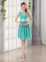 2015 A Line Ruching Lace Up Dama Dress in Aqua Blue