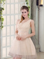 2015 Champagne One Shoulder A Line Appliques Dama Dress
