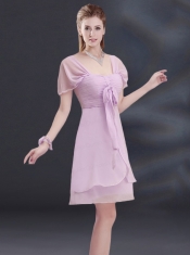 A Line Square Ruhing Dama Dress with Cap Sleeves