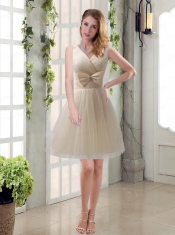 Beautiful Champagne Bowknot Princess Dama Dresses with V Neck