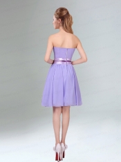 Decent Lavender Ruched Mini Length Dama Dress with Bowknot Sash