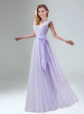 Fashionable Belt Ruching Chiffon Dama Dress with Bowknot