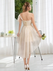 Lace High Low Short Sleeves Dama Dress with One Shoulder