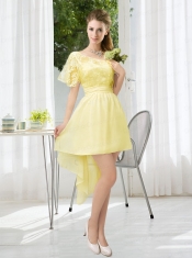 Lace High Low Short Sleeves Dama Dress with One Shoulder