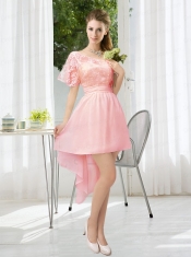 Lace High Low Short Sleeves Dama Dress with One Shoulder