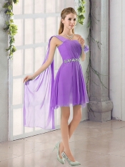 One Shoulder A Line Beading and Ruching Dama Dress with Lace Up