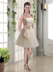Popular Champagne Strapless Princess Bowknot Dama Dresses for 2015