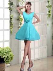 Ruching and Hand Made Flowers V Neck A Line Dama Dress