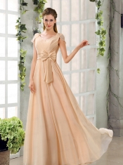 Scoop Ruching Cap Sleeves Chiffon Dama Dresses in Champagne