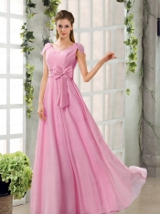 Scoop Ruching Cap Sleeves Chiffon Dama Dresses in Champagne