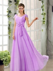 Scoop Ruching Cap Sleeves Chiffon Dama Dresses in Champagne