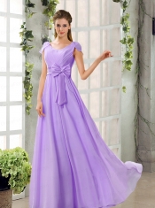 Scoop Ruching Cap Sleeves Chiffon Dama Dresses in Champagne