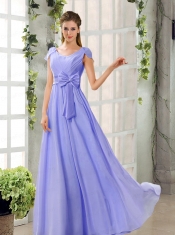 Scoop Ruching Cap Sleeves Chiffon Dama Dresses in Champagne