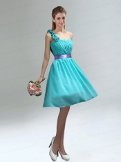 Unique One Shoulder Ruches Teal Dama Dresses with Belt