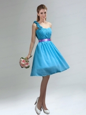 Unique One Shoulder Ruches Teal Dama Dresses with Belt