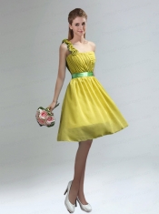 Unique One Shoulder Ruches Teal Dama Dresses with Belt