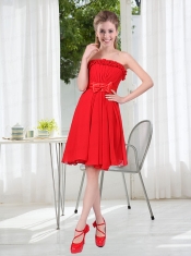 Wonderful Ruching Strapless Bowknot Dama Dress in Red