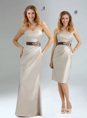 2015 Ruching and Belt Sweetheart Grey Dama Dress with Floor Length