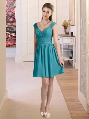 2015 Simple Turquoise Empire Dama Dress with V Neck