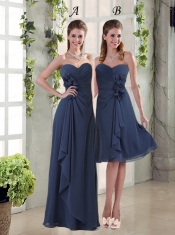 Navy Blue Ruching and Hand Made Flowers  Dama Dresses with Sweetheart