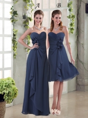 Navy Blue Ruching and Hand Made Flowers Sweetheart Dama Dresses