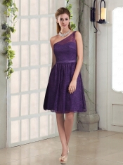 Wonderful One Shoulder A Line Dama Dress with Lace and Belt