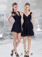 2015 Lace Empire V Neck Navy Blue Dama Dress with Cap Sleeves